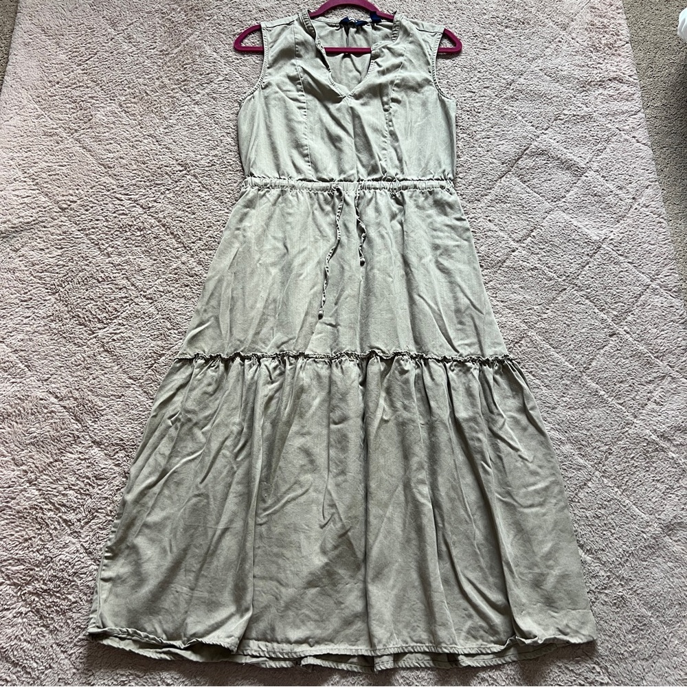 Lands' End V-Neck Tiered Midi Dress Preppy Minimalist Cottage Peasant Size S